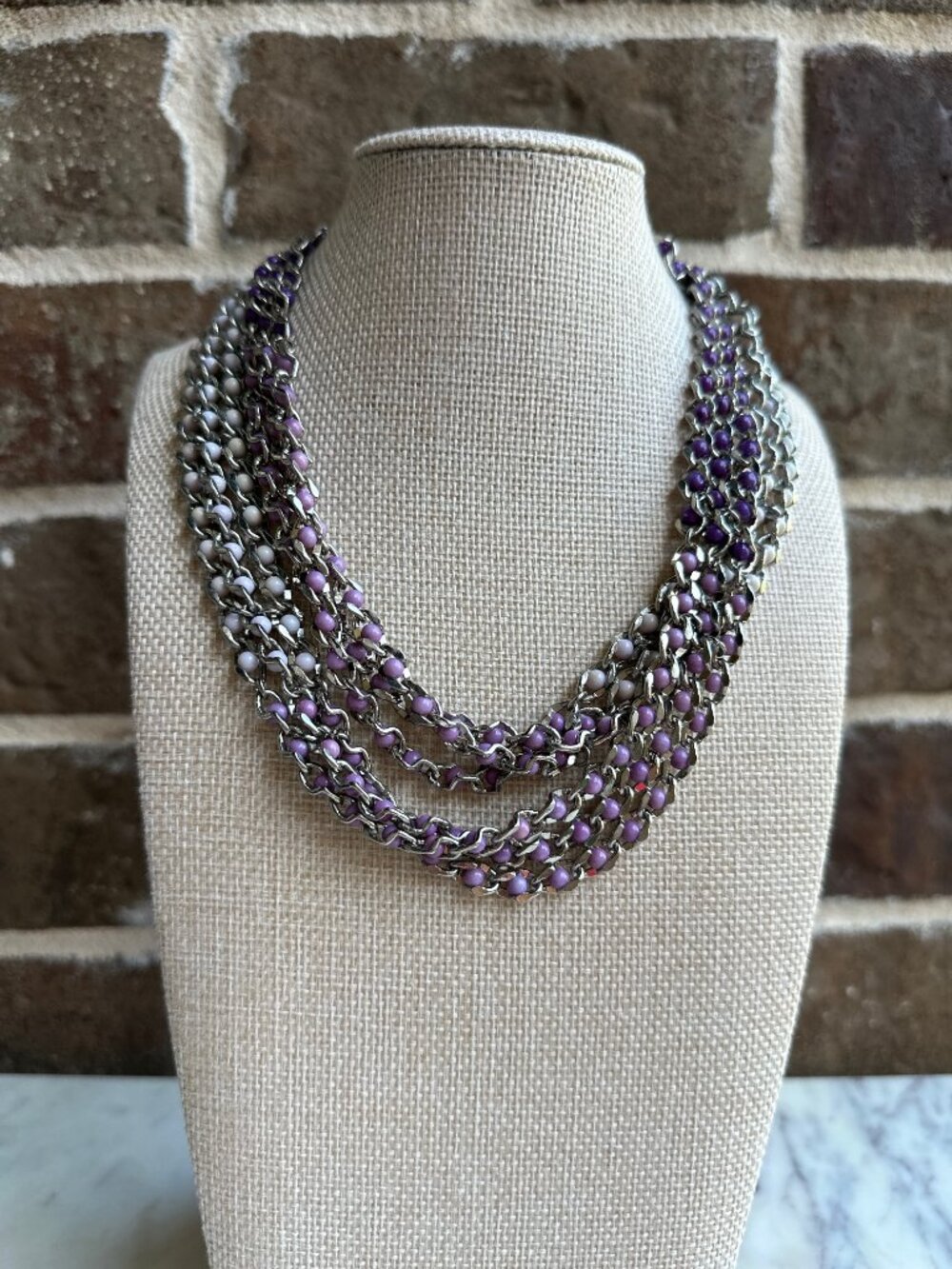Coldwater Creek Silver Chain Purple Beaded Necklace Adjustable Long or Short
